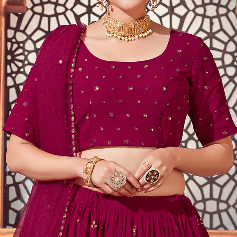 Dark Pink Festive Wear Thread with Sequence Embroidered Georgette Lehenga Choli