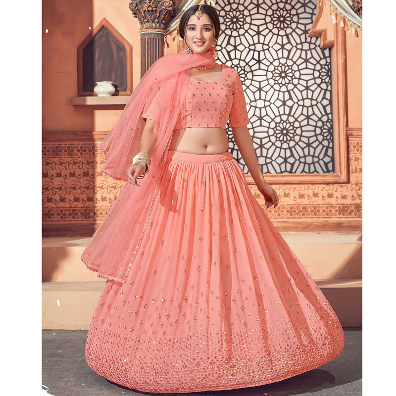 Peach Festive Wear Thread with Sequence Embroidered Georgette Lehenga Choli