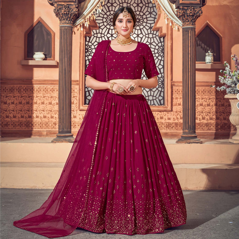 Dark Pink Festive Wear Thread with Sequence Embroidered Georgette Lehenga Choli