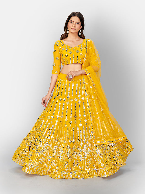 Yellow And Silvertoned Embellished Mirror Work Semi Stitched Lehenga And Unstitched With Blouse