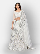White And Silver toned Embellished Mirror Work Semi Stitched Lehenga And Unstitched With Blouse