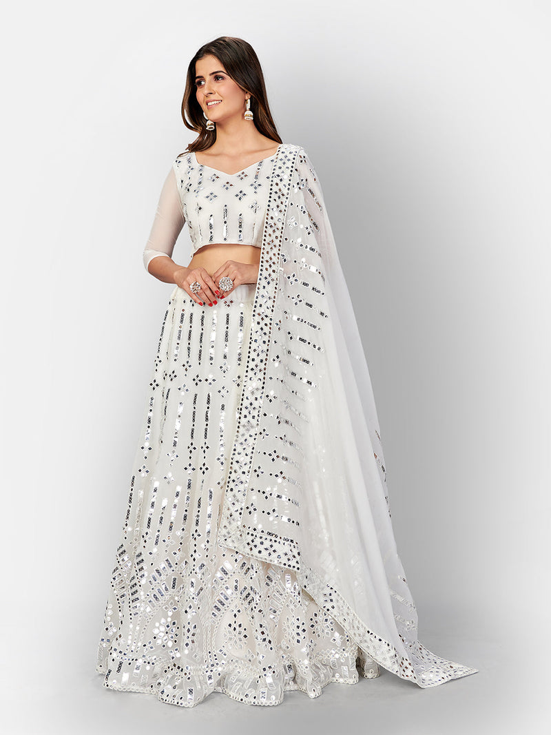 White And Silver toned Embellished Mirror Work Semi Stitched Lehenga And Unstitched With Blouse