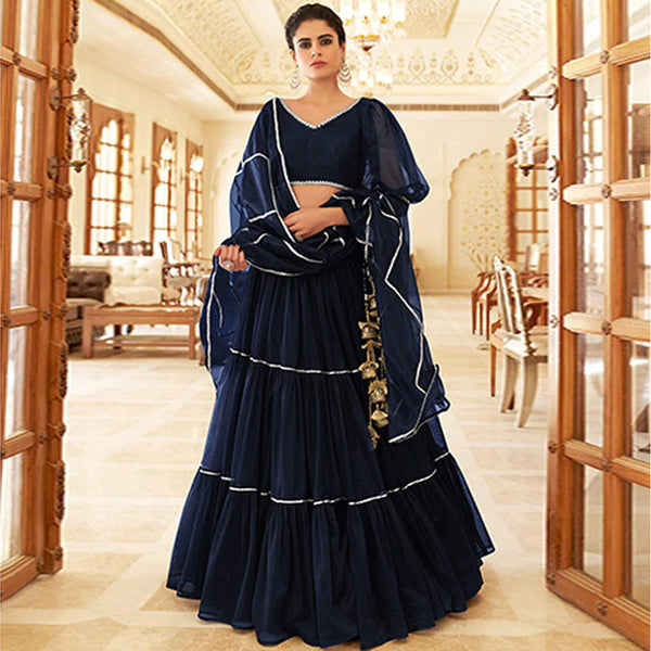 Adorable Dark Blue Colored Wedding Wear Designer Gotta Patti Pattern Butterfly Net Lehenga Choli