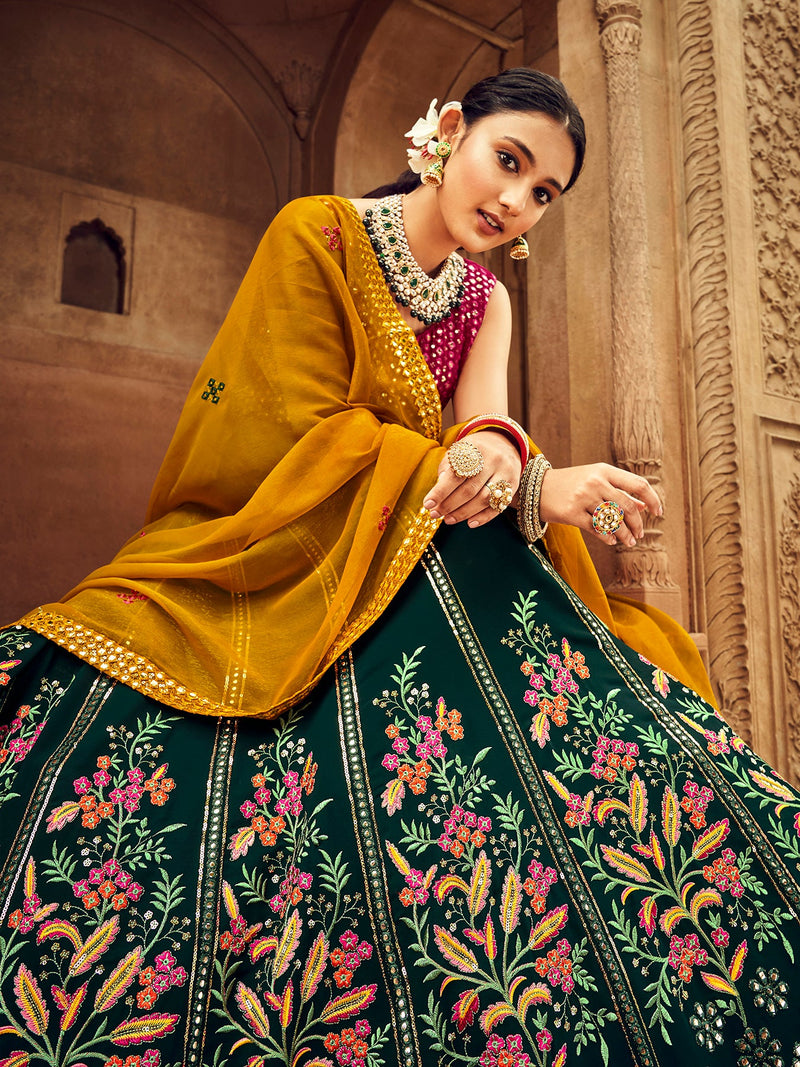 New Exclusive Green Yellow Multi Colour Embroiered Semi Stitched Bridal Lehenga Choli Collection