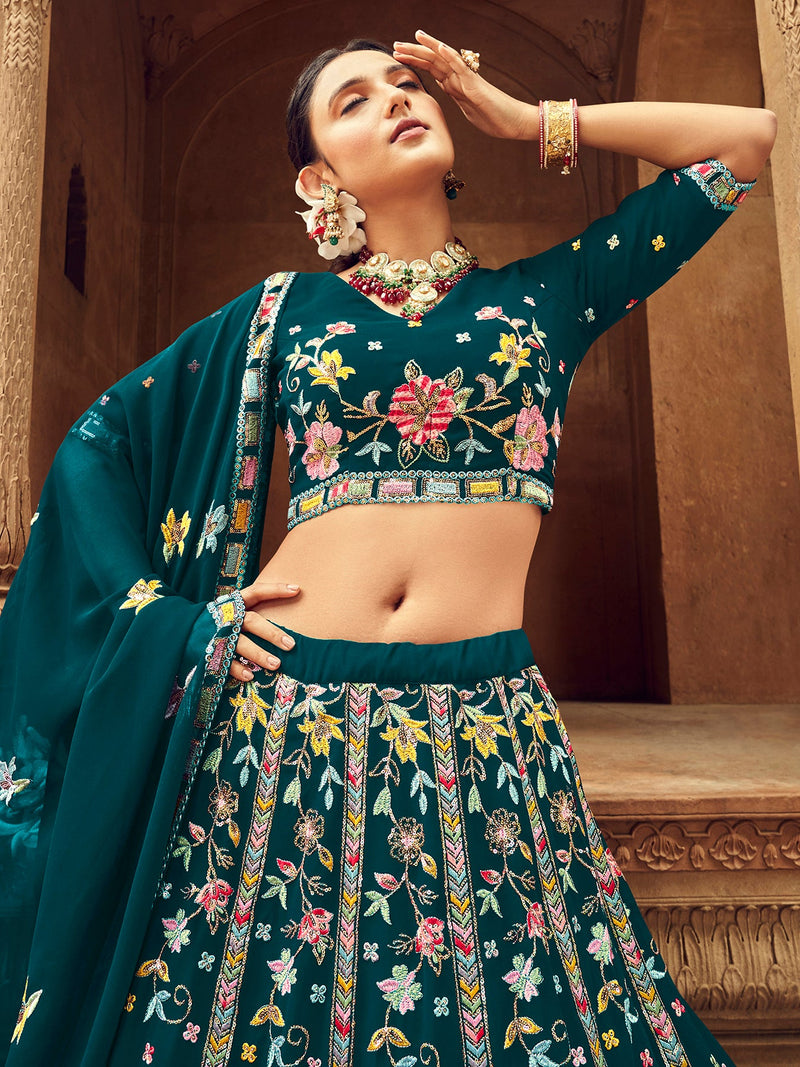 New Exclusive Teal Colour Embroiered Semi Stitched Bridal Lehenga Choli Collection