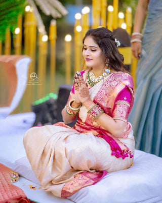 Traditional Kanjivaram Saree In The Shades Of Cream And Pink