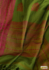 Green Handwoven Pure Mercerised Cotton With Manipuri Pattern Threadwork