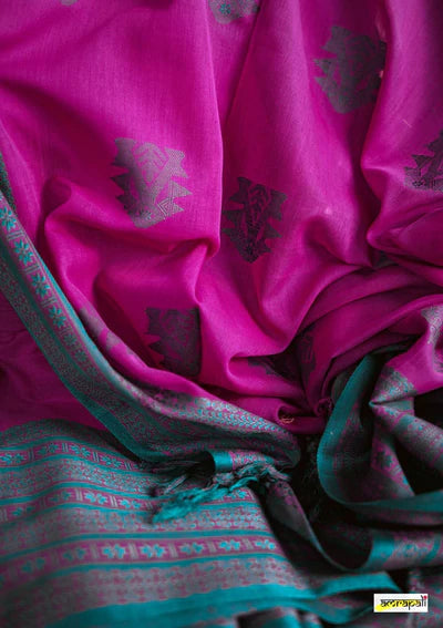 Magenta Handwoven Pure Mercerised Cotton With Manipuri Pattern Threadwork