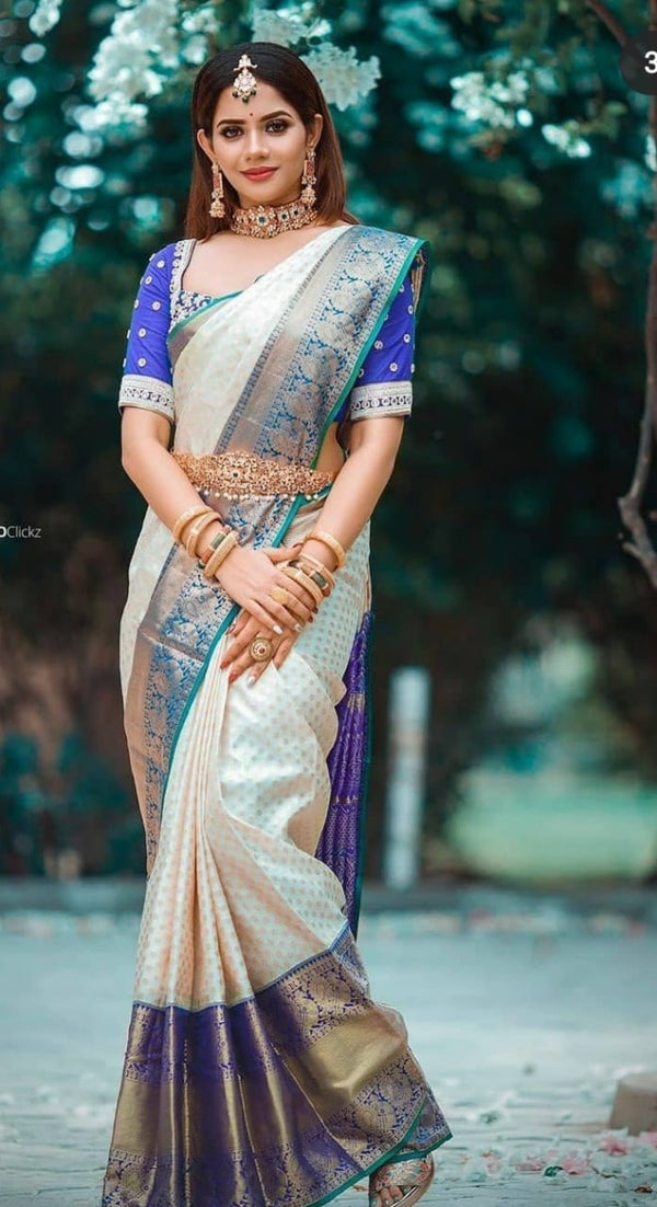 Gorgeous Festival Wear Soft Silk White With Blue Color Function Wear Saree