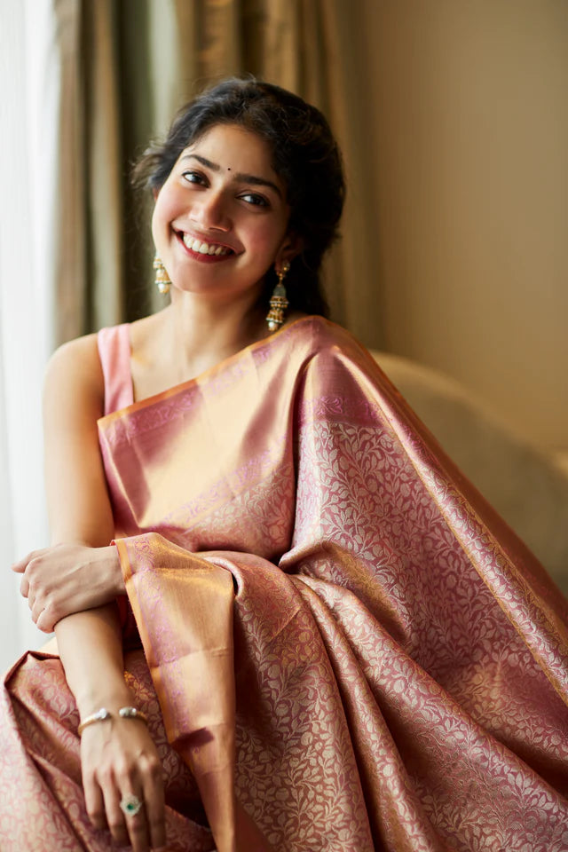 Baby Pink Designer Real Zari Soft Lichi Silk Saree