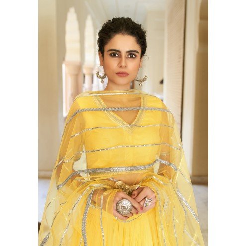 Adorable Yellow Colored Wedding Wear Designer Gotta Patti Pattern Butterfly Net Lehenga Choli