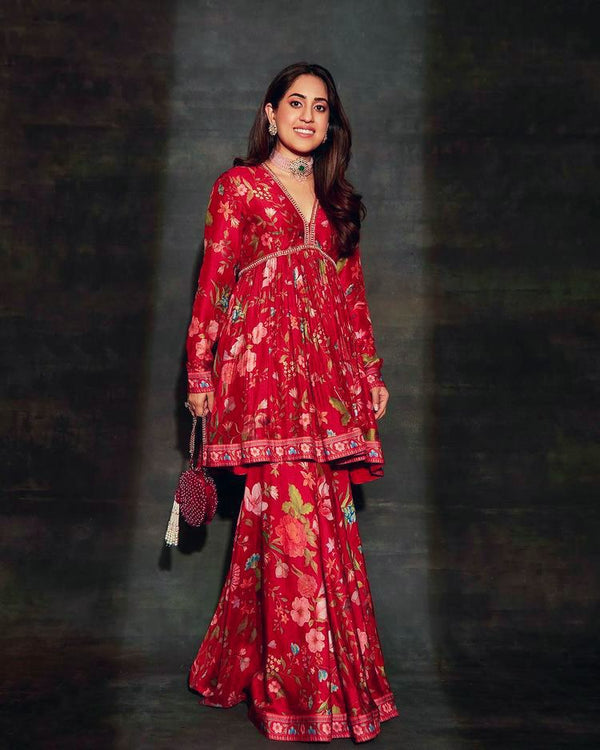 Red Colour Bollywood Better Silk Printed Sharara Suit