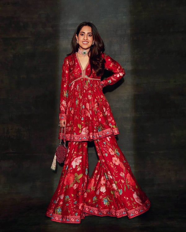 Red Colour Bollywood Better Silk Printed Sharara Suit