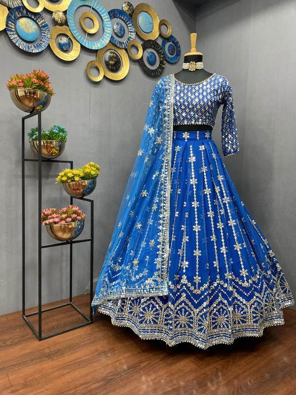 Blue Color Georgette Lehenga Choli, Chain Stitch and Sequence Work With Heavy Net Dupatta for Women, Brids Wear Lahenga Choli