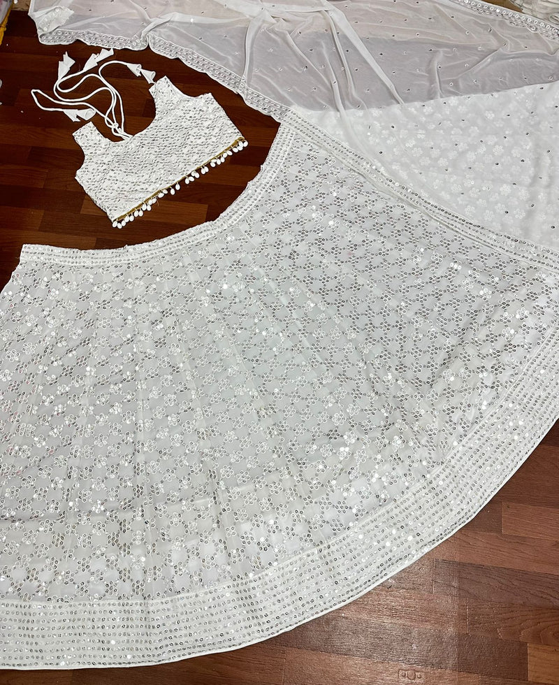 White Sequence Embroidery Work Designer Lehenga Choli With Dupatta