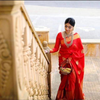 Enchanting Red Pure Weaving Silk With Beautiful Tassels Saree And Artistic Red Blouse Piece