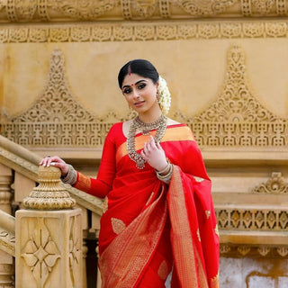 Enchanting Red Pure Weaving Silk With Beautiful Tassels Saree And Artistic Red Blouse Piece