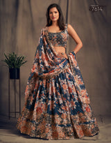 Dove Blue Floral Embroidered Organza Wedding Wear Lehenga Choli