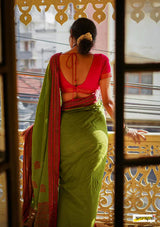 Green Handwoven Pure Mercerised Cotton With Manipuri Pattern Threadwork
