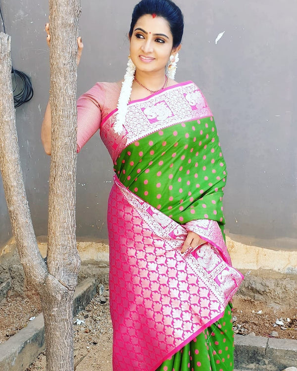 Beautiful Parrot Green  Weaving Lichi Silk  Exclusive Wedding Saree