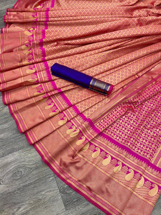 Rani Golden with Contrast Royal Blue Belt Weaving Saree