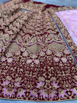New Brial Stunning Looking Maroon Embroidered Work Velvet Lehengha Choli Set With Dupatta
