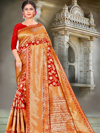 Cantaloupe Red Banarasi Silk Saree