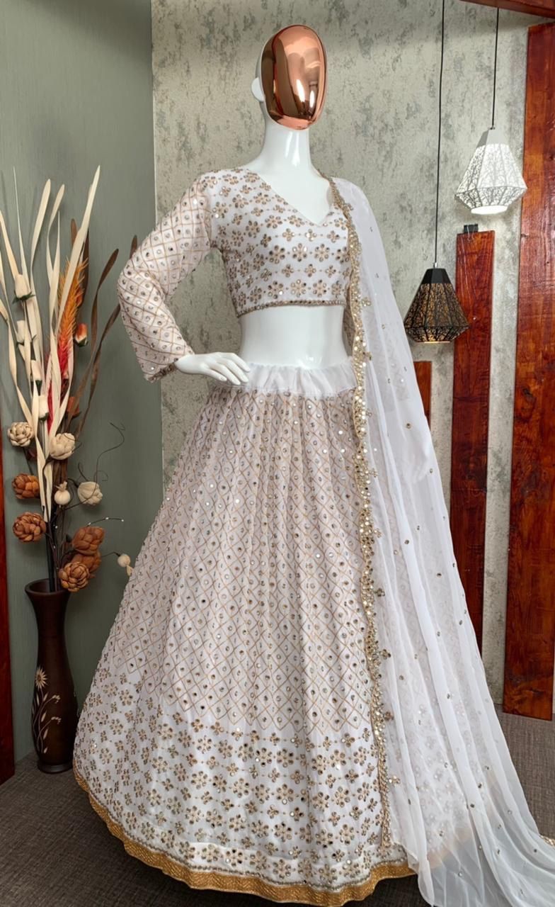 White Georgette Heavy Embroidery Work Lehengha Choli Set With Real Mirror