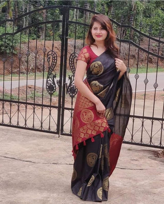 Cavernous Black Woven Banarasi Silk Saree