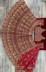 Bridal Special Maroon Velvet Lehengha Choli Set Embroidery Work With Dupatta