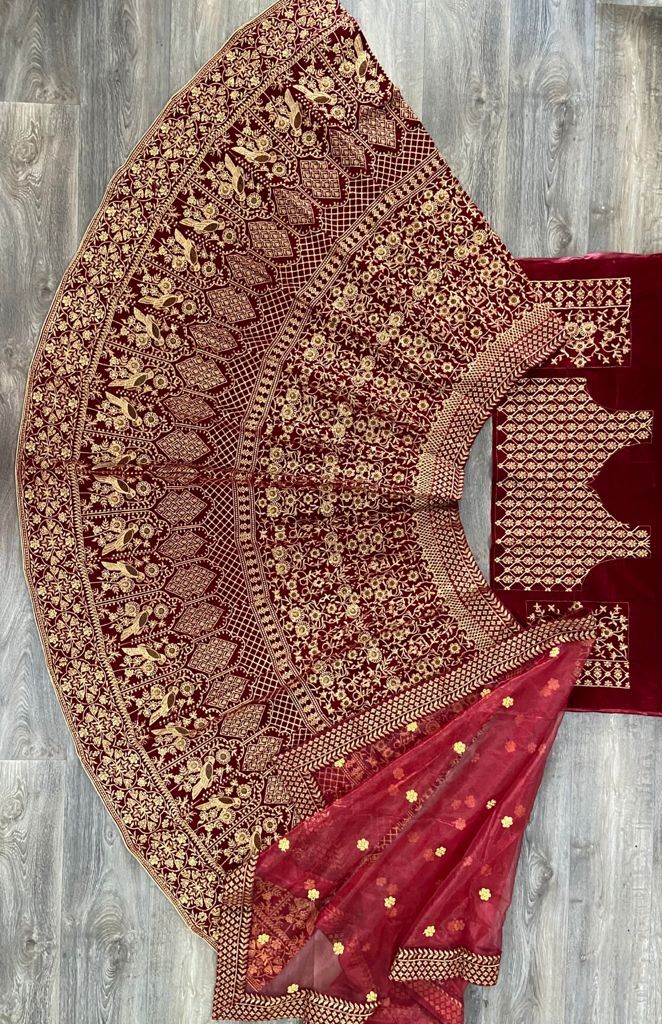 Bridal Special Maroon Velvet Lehengha Choli Set Embroidery Work With Dupatta