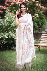 White Pink Simple Splendor Chanderi Block Print Saree