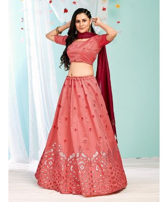 Peach & Maroon Embroidered Semi-stitched Lehenga & Unstitched Blouse With Dupatta