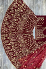New Bridal Stunning Looking Maroon Velvet Lehengha Choli Set With Dupatta