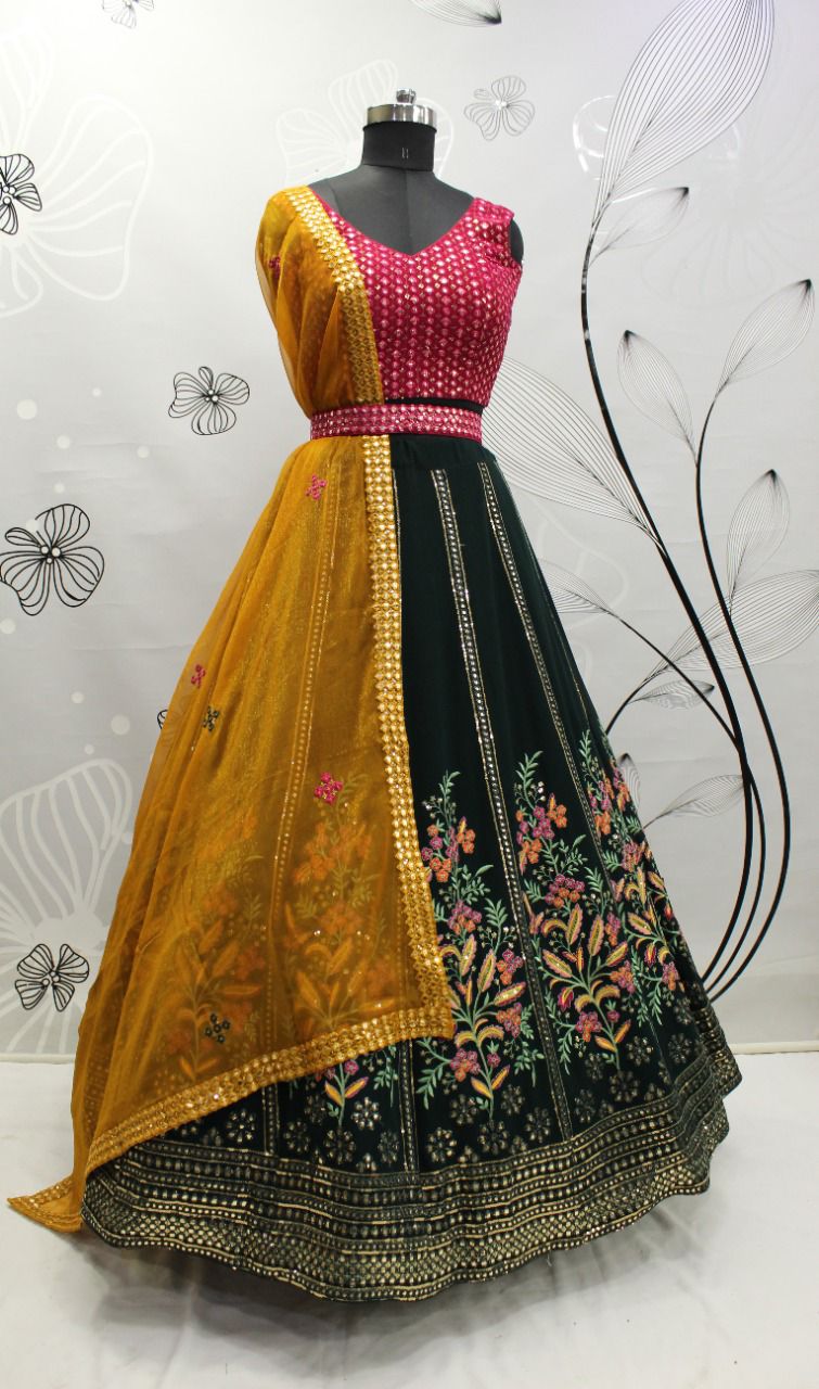 New Exclusive Green Yellow Multi Colour Embroiered Semi Stitched Bridal Lehenga Choli Collection