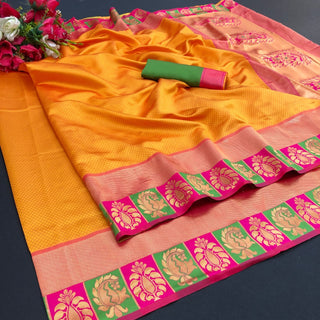 Party Wear Yellow Brinda Archaic Traditional Kanchi Soft Silk Sari With Attached Blouse