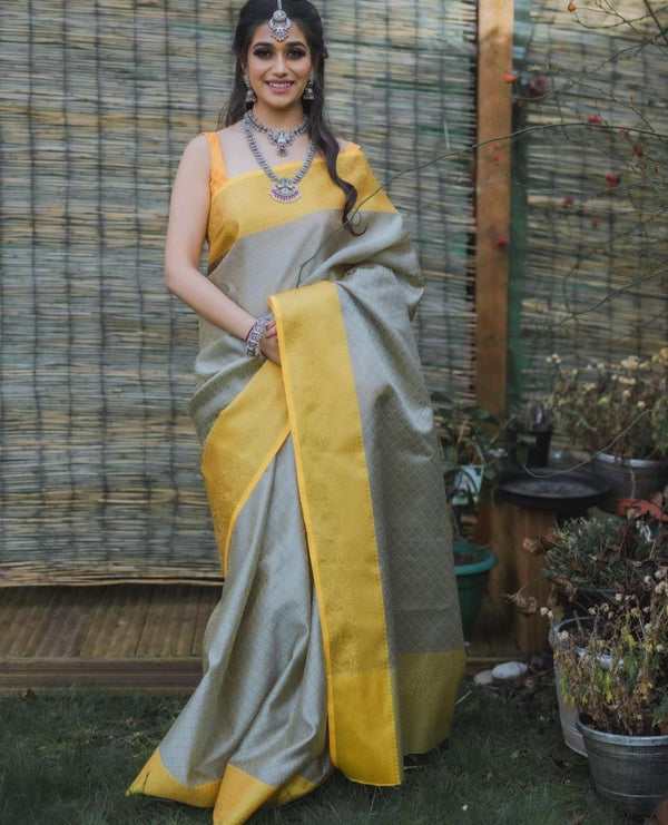 Sunshine Yellow Gray Woven Designer Saree With Heavy Blouse