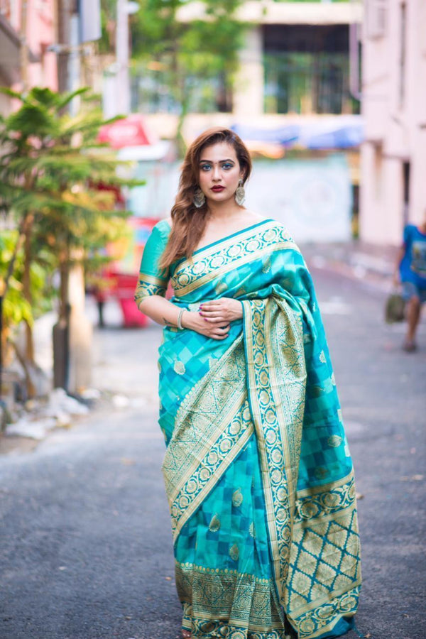 Banarasi Silk Weaving Saree With Fabulous Checks Weaes All Over Contrast Border And Exclusive Pallu