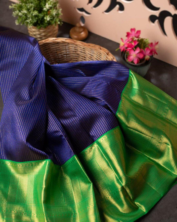 Valiba Kanchi Soft Silk Floral Brocade Blue Saree With Green Blouse Banarasi Sari