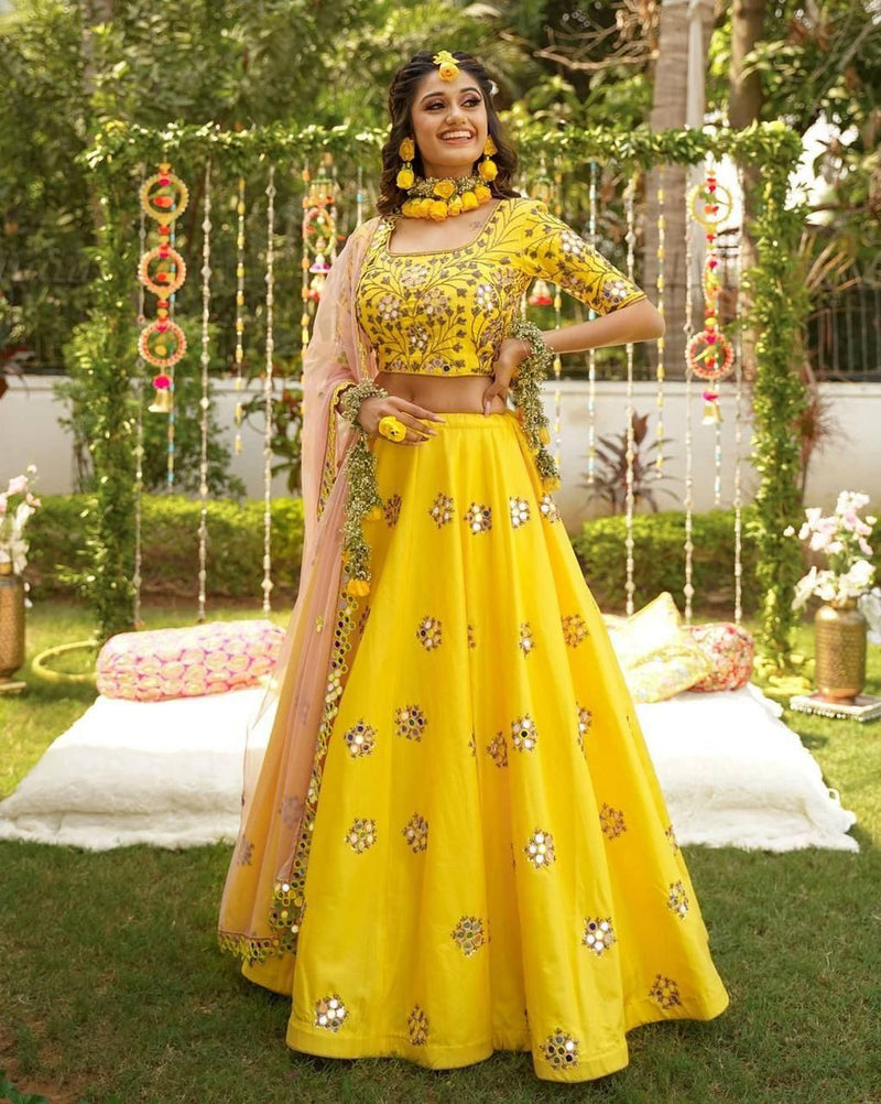 Yellow Full Heavy Embroidery and Real Mirror Work Lehenga Choli Set With Blouse Real Mirror