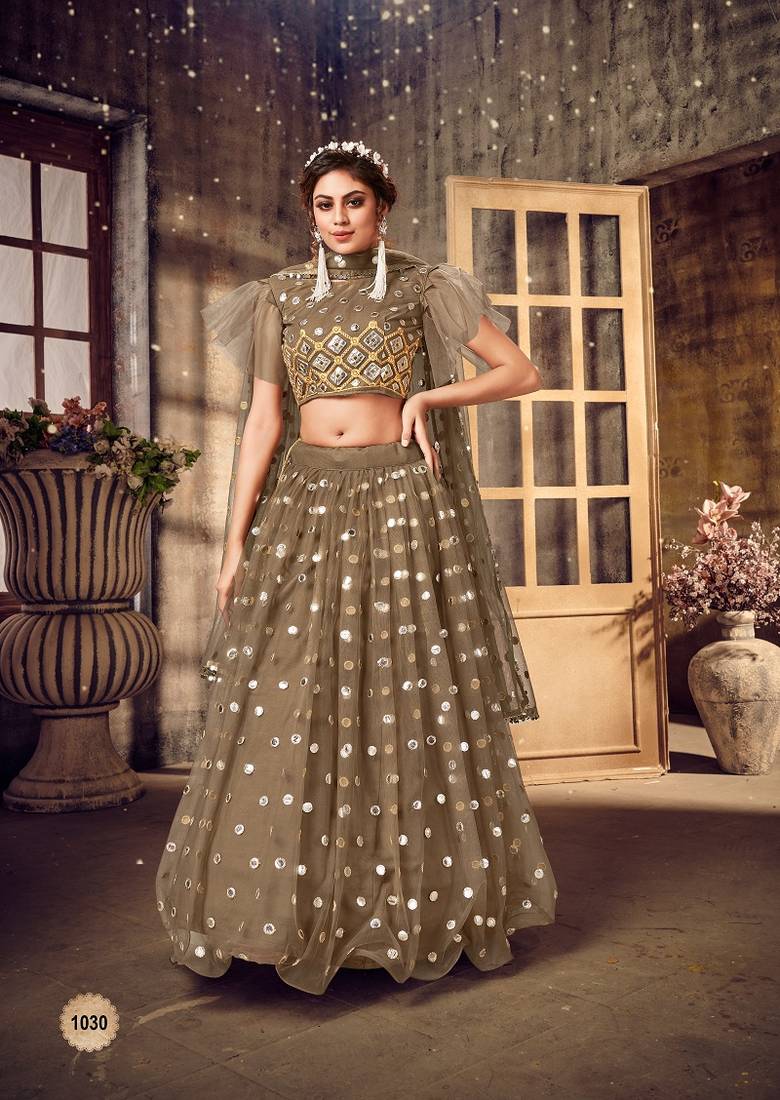 Presenting New Designer Exclusive Cording Choli Brown Embroidered Net Semi Stitched Lehenga With Dupatta