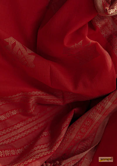 Red Handwoven Pure Mercerised Cotton With Manipuri Pattern Threadwork