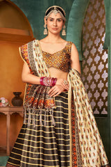 Brown Color Digital Printed Pure Rera Silk Bridal Lehenga & Unstitched Blouse With Dupatta