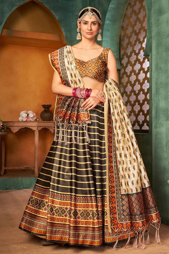 Brown Color Digital Printed Pure Rera Silk Bridal Lehenga & Unstitched Blouse With Dupatta
