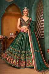 Green Color Digital Printed Pure Rera Silk Bridal Lehenga & Unstitched Blouse With Dupatta