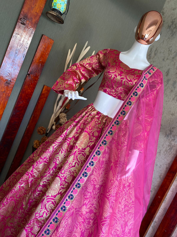 Yankita Kapoor Designer Fancy Look Pink Jaquard Banarasi Silk Lehenga Choli With Dupatta