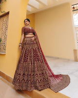 Beautiful Bridal Maroon Cording Dori Work Lehenga Choli With Dupatta