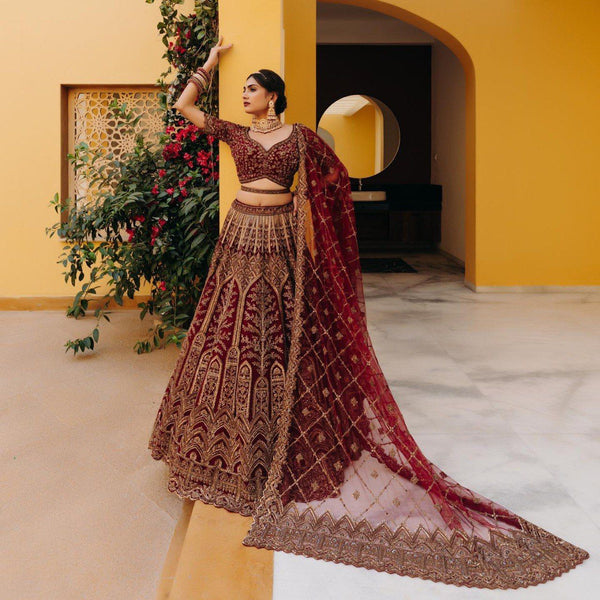 Beautiful Bridal Maroon Cording Dori Work Lehenga Choli With Dupatta