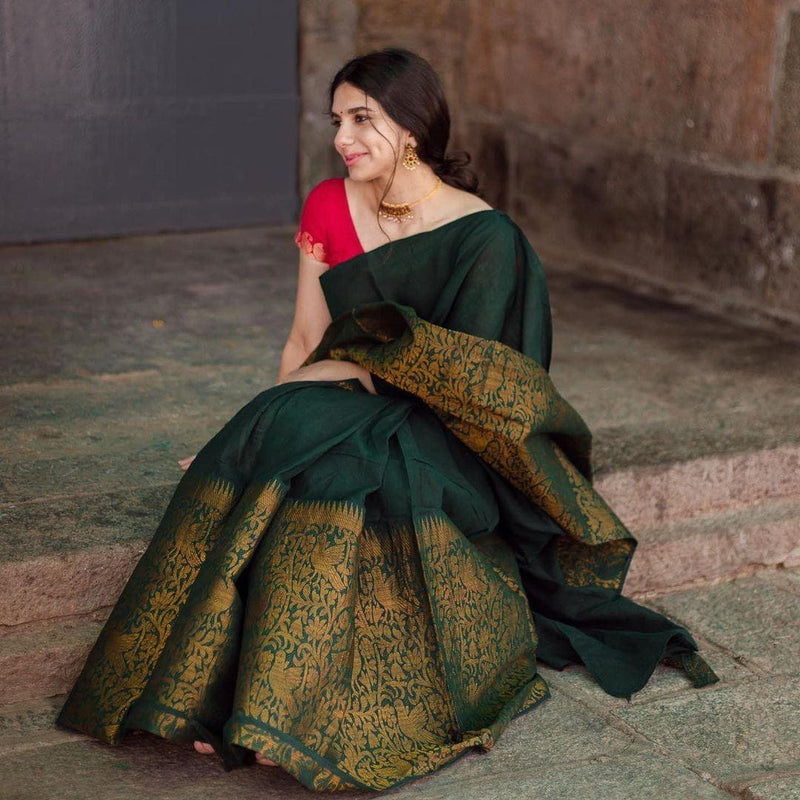 The Silk Beautiful Dark Green & Golden Jacquard Work Silk Designer Sarees