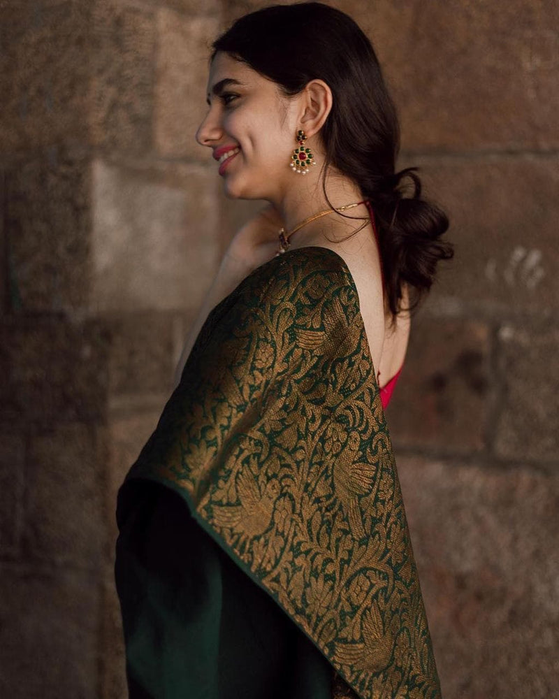 The Silk Beautiful Dark Green & Golden Jacquard Work Silk Designer Sarees